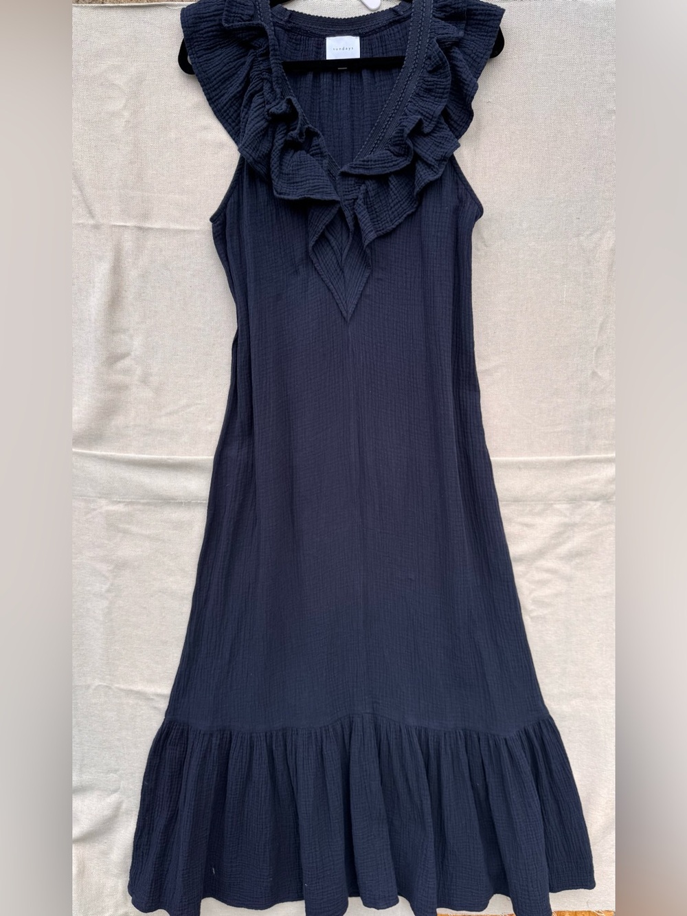 Sundays Kinsey Navy Blue Ruffled Cotton Gauze VNeck Sleeveless Maxi Dress Anthro